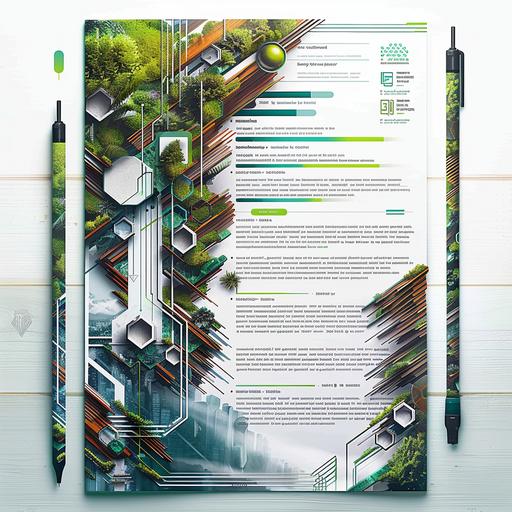 A professional CV (curriculum vitae) for a landscape architect, whose margins on the left and bottom are decorated with elements of nature mixed with futuristic elements. These margins have a dominance of green, blue, wood, and white colors to represent the hexagonal structures of metal and glass.