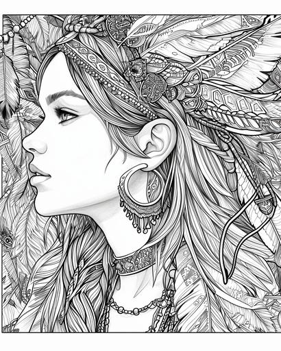 A profile of a girl sporting bohemian hoop earrings and a feather headband, framed by a border of feathers and beads, coloring page for girls age 12 plus, thick lines, black and white, greyscale --ar 4:5 --v 6.0