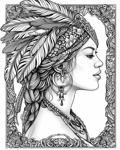 A profile of a girl sporting bohemian hoop earrings and a feather headband, framed by a border of feathers and beads, coloring page for girls age 12 plus, thick lines, black and white, greyscale --ar 4:5 --v 6.0