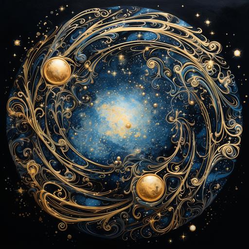 A profound blue cosmic halo envelops the silhouette of the constellation. Intricate gold details delineate a mysterious atmosphere, as if inspired by celestial revelations. Drawing inspiration from nebulae, the artwork presents swirls of blue and gold, with white accents infusing additional energy into the scene. This is a piece full of the unique essence of the constellation, symbolically representing its calm and down-to-earth qualities, creating an abstract cosmic allure