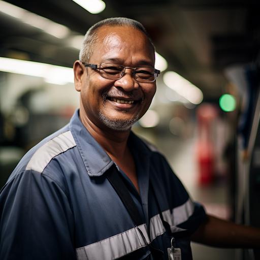 A proud custodian, captured in a low-angle portrait using a Sony A7 camera with a 50mm lens set at 1.8 aperture. The man’s genuine smile reflects his satisfaction in maintaining a clean environment. His eyes radiate a sense of accomplishment as he stands confidently in his custodian uniform. The subtle play of light and shadows adds depth to the image, emphasizing his pride and dedication.