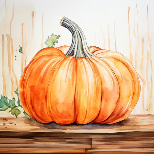 A pumpkin, light and ethereal as if it were made of paper, painted in watercolor with black outlines, on a kitchen table and background. --v 5.2 --s 50