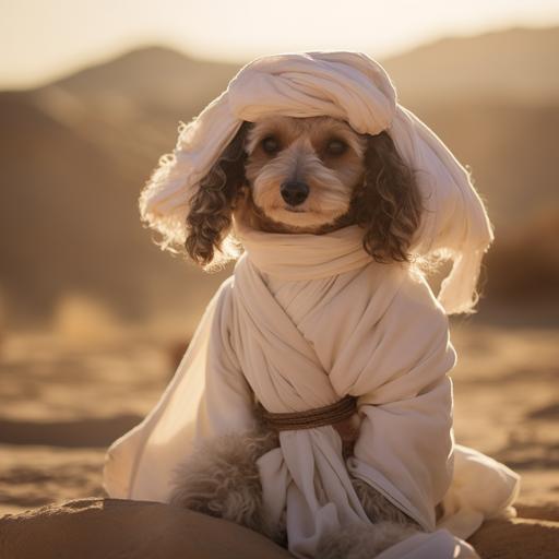 A purebred poodle dressed as Leia from Star Wars in her white clothing, on tatooine, with Leia's hairstyle
