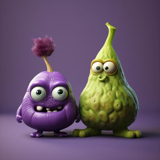 A purple fig and a green olive personified as mascots for a child daycare.