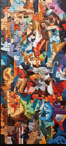 A puzzle where each piece shows a different perspective of the same subject. The subject, perhaps a common object or a simple scene, is represented in a multitude of ways across the puzzle pieces. Each piece is a unique interpretation, varying in style, color, and form, ranging from realistic to abstract, dark to vibrant. The puzzle itself is partially assembled, with some pieces fitting together seamlessly and others scattered around. --ar 9:20 --style raw --v 5.2