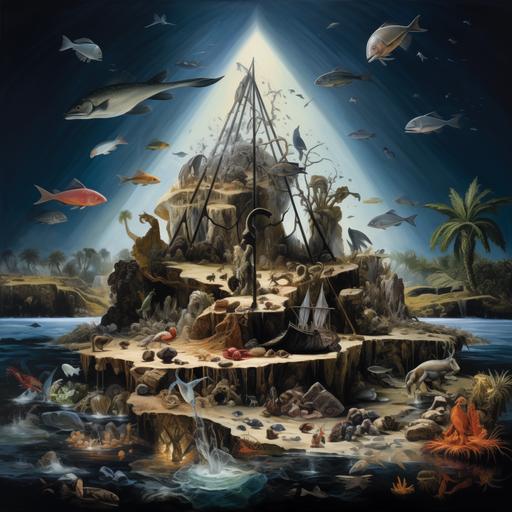 A pyramid in the middle of the sea surrounded by fish and precious stones with tree roots, coming out of the rocks, with birds sitting on the roots, smoking a Cuban cigar