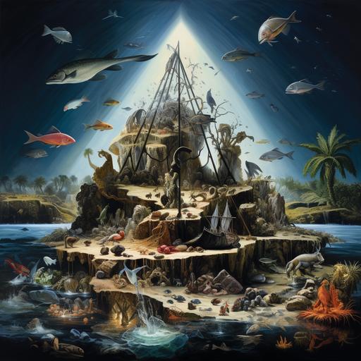 A pyramid in the middle of the sea surrounded by fish and precious stones with tree roots, coming out of the rocks, with birds sitting on the roots, smoking a Cuban cigar