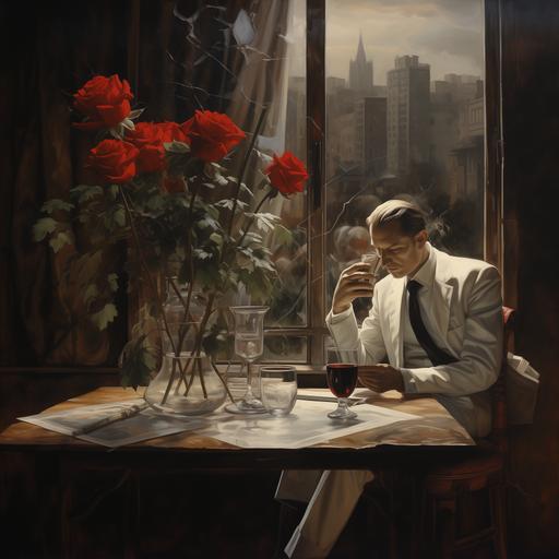 A quiet Café, viewpoint on a table with a red rose and a white rose sitting in a clear Vase. One rose stands tall, the white rose wilts. A man sitting at a different table smokes a cigar while quietly reading. Ultra detailed