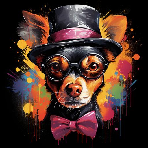 A quirky and trendy t-shirt design featuring a hipster dog wearing glasses, a bowtie, and a fedora. The environment is a whimsical urban setting with colorful street art and vibrant city life. The style is a graffiti art composition, with bold lines, splashes of paint, and urban textures, synthwave, vector, black background --s 250