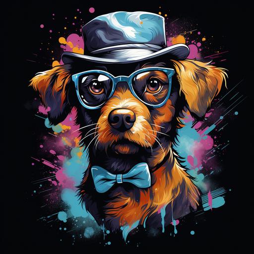 A quirky and trendy t-shirt design featuring a hipster dog wearing glasses, a bowtie, and a fedora. The environment is a whimsical urban setting with colorful street art and vibrant city life. The style is a graffiti art composition, with bold lines, splashes of paint, and urban textures, synthwave, vector, black background --s 250