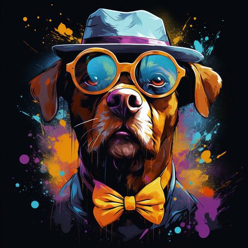 A quirky and trendy t-shirt design featuring a hipster dog wearing glasses, a bowtie, and a fedora. The environment is a whimsical urban setting with colorful street art and vibrant city life. The style is a graffiti art composition, with bold lines, splashes of paint, and urban textures, synthwave, vector, black background --s 250