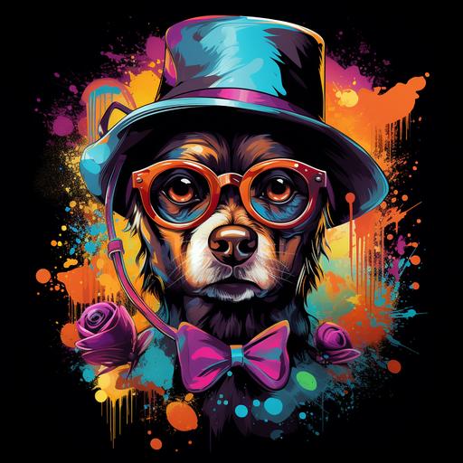 A quirky and trendy t-shirt design featuring a hipster dog wearing glasses, a bowtie, and a fedora. The environment is a whimsical urban setting with colorful street art and vibrant city life. The style is a graffiti art composition, with bold lines, splashes of paint, and urban textures, synthwave, vector, black background --s 250