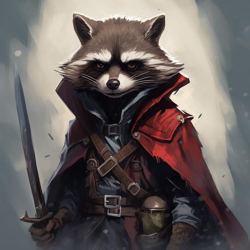 A raccoon rogue who looks extremely proud and smug, dungeons and dragons character artwork, smirking with his hood up over his head, charasmatic stance, with two swords and a crossbow, dungeons and dragons, character art, raccoon, humanoid, smug, charisma