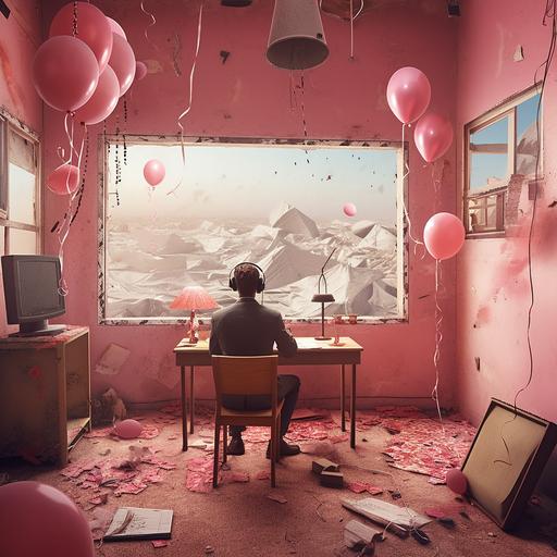 A radio announcer sitting with his back to a table with a microphone and headphones on, a creepy birthday with red balloons in the radio booth, a pink cake. Looking through a window at the destruction of a small town with giant fleas