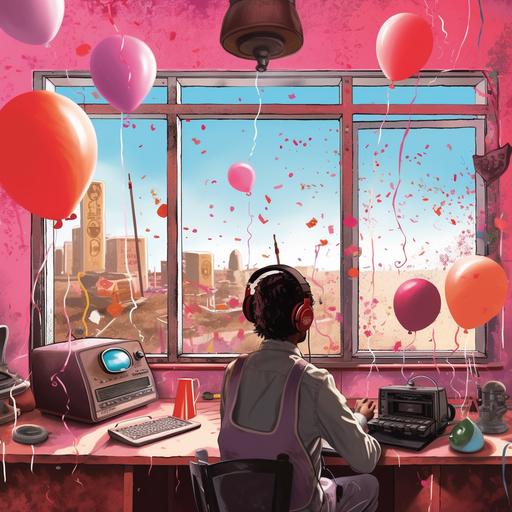 A radio announcer sitting with his back to a table with a microphone and headphones on, a creepy birthday with red balloons in the radio booth, a pink cake. Looking through a window at the destruction of a small town with giant fleas
