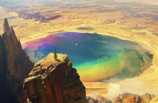 A rainbow lake on top of an island in the desert, a magus stands at its edge looking down into it in the style of colorful, fantasy art. --ar 32:21