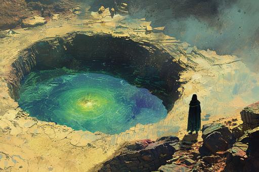 A rainbow lake on top of an island in the desert, a magus stands at its edge looking down into it in the style of colorful, fantasy art. --ar 3:2 --c 33 --s 333