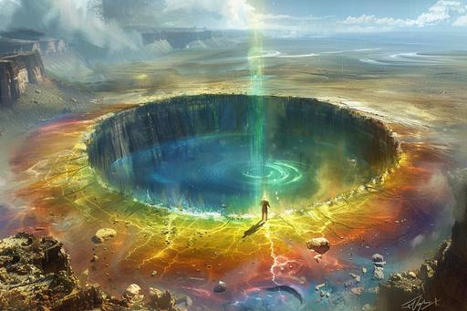 A rainbow lake on top of an island in the desert, a magus stands at its edge looking down into it in the style of colorful, fantasy art. --ar 3:2 --c 33 --s 333