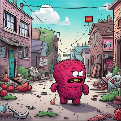A raspberry cartoon with a face and legs and arms on the side of the street in a bad neighborhood with trash everywhere and busted buildings cartoon
