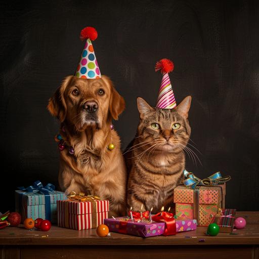 A real dog and a cat celebrate a birthday with birthday hats and lots of presents around them sitting at a table and the presents on the floor below