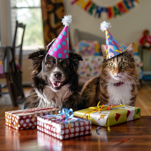 A real dog and a cat celebrate a birthday with birthday hats and lots of presents around them sitting at a table and the presents on the floor below. looking very happy 8k