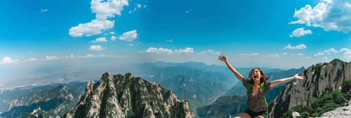 A real photo, in the summer, under a bright blue sky. In the lower right corner of the photo, is the top of Mount Hua in Shaanxi, China. On the very right-bottom corner area, there is a fashionable young Chinese lady with half body in the photo, smiling and cheering with open mouths. --ar 3:1