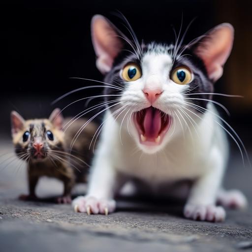 A real photo of a cat shocked when seeing a rat