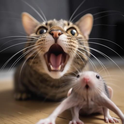 A real photo of a cat shocked when seeing a rat