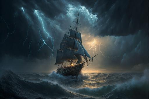 A real photographic landscape painting with incomparable reality,Super wide,Ominous sky, Sailing boat on a thunderstorm at sea , lightning strikes,Wooden boat,Lotus,Huge waves,Starry night,Harry potter,Volumetric lighting,Clearing,Realistic,James gurney,artstation --ar 3:2 --q 2 --v 4