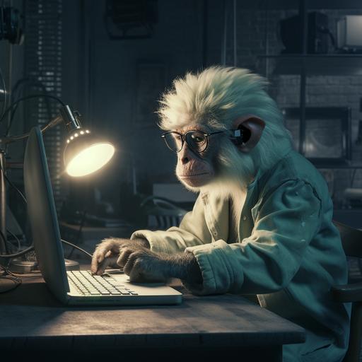 A realistic albinos monkey, coding an arduino nano on his desk at night in his bedroom, the light of the computer go on his face.