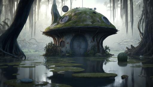 A realistic background detailed of Dagobah, yoda's house in swamp, movie picture, cinemascope format, birds, snakes, extraterrestre creatures, photo kodak, professional studio lighting , hyper realism, 8 k high octane --ar 16:9 --q 0.5 --v 4