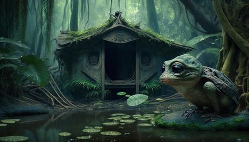 A realistic background detailed of Dagobah, yoda's house in swamp, movie picture, cinemascope format, birds, snakes, extraterrestre creatures, photo kodak, professional studio lighting , hyper realism, 8 k high octane --ar 16:9 --q 0.5 --v 4