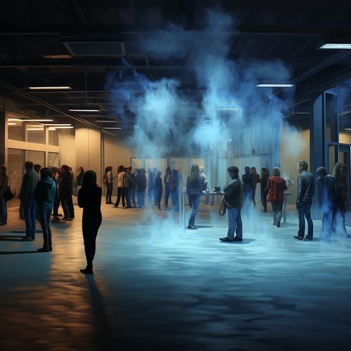 A realistic contemporary art exhibition inside a small underground carpark, medium sized blue paintings fixed on the cement poles, candles on the floors, a fog machine smoking the floors, beige fabric drapings off the ceiling, guests walking around the art, champagne glass in their hands,. highly detailed