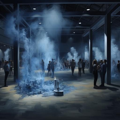 A realistic contemporary art exhibition inside a small underground carpark, medium sized blue paintings fixed on the cement poles, candles on the floors, a fog machine smoking the floors, beige fabric drapings off the ceiling, guests walking around the art, champagne glass in their hands,. highly detailed