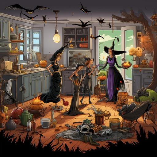 A realistic, high quality, and detailed image depicting a spooky, yet professional and family friendly Halloween scene in a modern kitchen of a mummy, witch and zombie all cleaning a modern kitchen. They are equipped with cleaning supplies like brooms, mops, and spray bottles. The mummy is wiping down the countertops, the witch is sweeping the floor with a magical broom that levitates, and the zombie is cleaning something as well. Despite their spooky appearance, they are proessional and are doing an exceptional job, embodying the spirit of a dedicated cleaning crew. The room is adorned with Halloween decorations like pumpkins, cobwebs, and flickering candles, creating a chilling yet charming ambiance. The lighting is moody with moonlight streaming through a window, casting eeire shadows on the characters and the sparkling clean kitchen they are tending to. Image size must be 8.5 x 11 in.