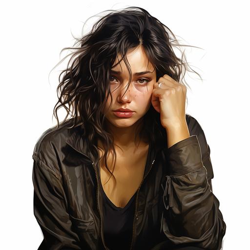 A realistic illustration female 25 y.o., dark messy hair, dark circles under eyes, ppale sking, sad and disturbed, looking over her shoulder, no background, white background, art by digital 3d painting illustration --s 750