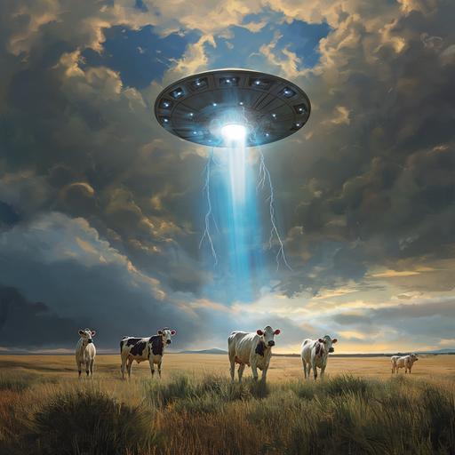 A realistic illustration of 6 cows in a field standing while one ufo disc tries to abduct one of them with blue beam of light