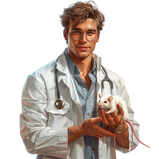 A realistic illustration scientist in a lab coat holding a small white rat, no background, white background, art by digital 3d painting illustration, friendly mood --s 450