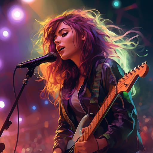 A realistic image of a young woman with brown and purple hair and bright green eyes, playing electric guitar while singing into a microphone on a stage at a concert, in front of a crowd, illuminated by colorful stage lights.