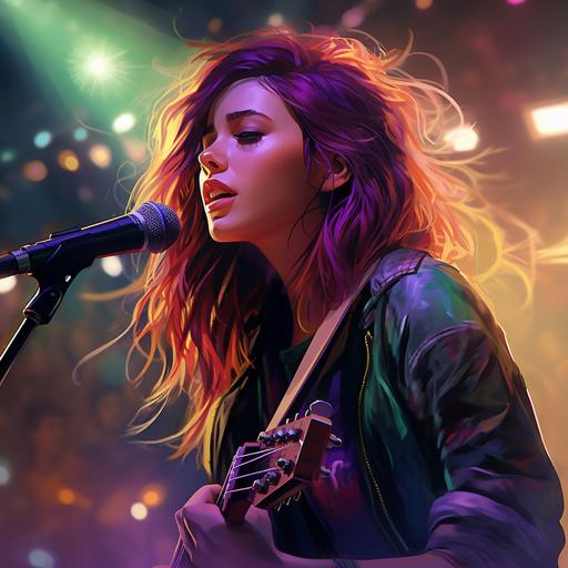 A realistic image of a young woman with brown and purple hair and bright green eyes, playing electric guitar while singing into a microphone on a stage at a concert, in front of a crowd, illuminated by colorful stage lights.
