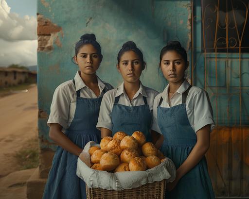 A realistic image of three paraguayan women that are chiperas, who is a a street vendor of chipas, a traditional Paraguayan cheese bread. They are wearing the typical uniform of the chipas sellers. It consists of a white button-down shirt, a short blue apron, and a blue skirt. The apron has a pocket where the chipera keeps the money from the sales. The chiperas are standing staring at the camera smiling beside a rural road at Sunset golden hour with a basket full of chipas on their side on top of a small table, the basket is made of wicker and has a white fabric that covers the chipas to protect them from dust and the sun. Ultra-realistic, cinematic, chromatic aberration, incredibly detailed and intricate, FKAA, TXAA, RTX, CGI, VFX, --ar 5:4 --v 6.0