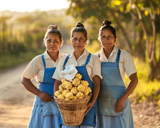 A realistic image of three paraguayan women that are chiperas, who is a a street vendor of chipas, a traditional Paraguayan cheese bread. They are wearing the typical uniform of the chipas sellers. It consists of a white button-down shirt, a short blue apron, and a blue skirt. The apron has a pocket where the chipera keeps the money from the sales. The chiperas are standing staring at the camera smiling beside a rural road at Sunset golden hour with a basket full of chipas on their side on top of a small table, the basket is made of wicker and has a white fabric that covers the chipas to protect them from dust and the sun. Ultra-realistic, cinematic, chromatic aberration, incredibly detailed and intricate, FKAA, TXAA, RTX, CGI, VFX, --ar 5:4 --v 6.0
