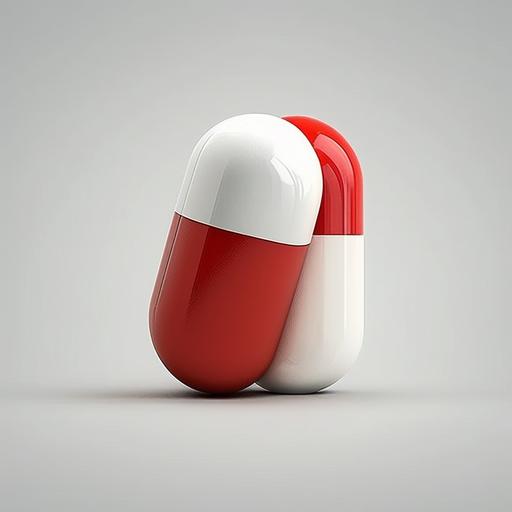 A realistic medicine red and white capsule pill lying on a white table close shot, 8k, --ar 1:1