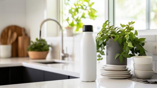 A realistic photograph captures a kitchen bathed in white tones. On a pristine marble countertop, a sleek, black insulated water bottle with a wide mouth, 32 oz in capacity, stands tall. In the background, a houseplant adds a touch of greenery to the scene. Nestled beside the bottle, three oranges add a vibrant pop of color. The dimensions of the bottle, 27 cm in height and 9.5 cm in width, are proportionate to both the oranges and the kitchen setting. The bottle boasts a seamless, monochromatic design without any logos, blending effortlessly into the serene ambiance of the white-themed kitchen. --ar 16:9