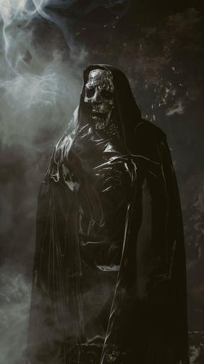 A realistic photograph of 'The Unknown,' an uncanny valley monster in a black cloak with a silver chrome face, emerging from a dark, smoky environment. This wide shot uses low key lighting to highlight the monster. Portrayed as an evil chocolate maker who lives within the walls, the scene is filled with suspense and mystery --style raw --ar 9:16 --v 6.0 --s 50