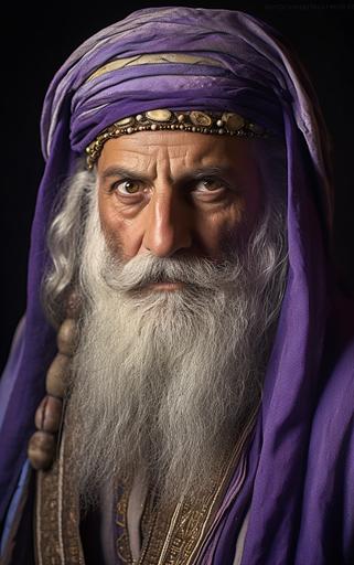A realistic photograph of a middle aged man with contempt facial expression, man from the Middle East with an interesting and symmetrical face, blue eyes, long rounded white beard, long hair, wearing royal purple apparel and fashion in the style of a Mesopotamian tribal clan chieftain and patriarch at the time of 2500 BC, white linen undershirt with royal purple overcoat, broad brown leather belt and straps, close-up portrait, background is a tent camp inside a desert oasis, realistic photograph, 8k, pleasant light --ar 5:8 --s 343 --uplight