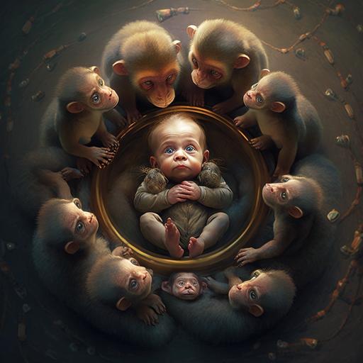 A realistic picture of a baby surrounded by monkeys in a circle around the baby, the monkeys are stand and the baby is in the center. The terrain is in an urban area. The monkeys appear to be celebrating the presence of the baby.