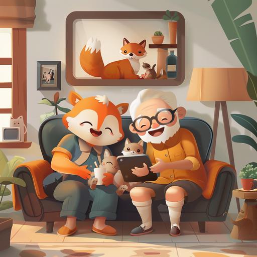 A realistic picture of real people which are an old couple using an app and have smile,they are using app to get an appointment for a doctor,they are sitting in their living room with their cat on their couch,the logo of app its a cute fox,give me a wide view