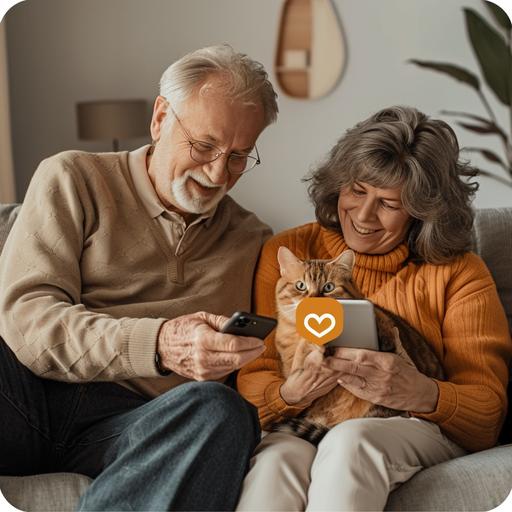 A realistic picture of real people which are an old couple using an app and have smile,they are using app to get an appointment for a doctor,they are sitting in their living room with their cat on their couch,the logo of app its a cute fox,give me a wide view