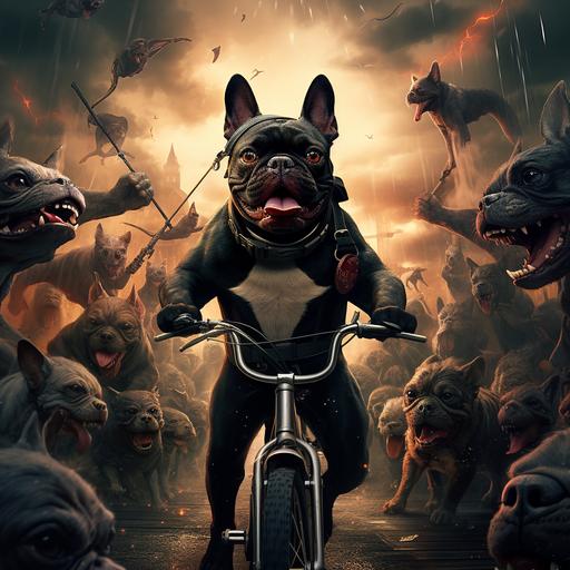 A realistic pov a black french bulldog leading a batallion of german shepherds into battle against an army of red faced hotdog people riding bicycles & wearing bike helmets